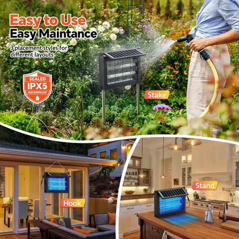 Go To Outdoor Dual Solar Panel Mosquito Zapper With 4500V Insect Killer IPX5 Waterproof And Cordless Portable Design USB C Rechargeable Bug Trap For Patio Yard Garden Camping Auto Mode with three installation options: stake, hook, and stand.