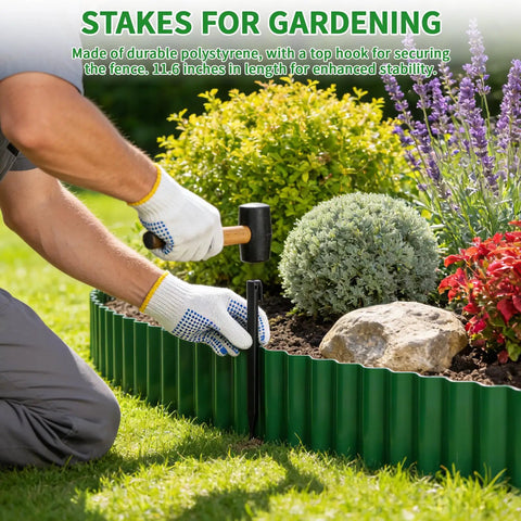 Person installing Flexible Landscape Edging Kit 59 Feet With 16 Extra Long Stakes 6 Inch Tall Plastic Border For Yard And Garden Bend To Curves Cut To Fit Weatherproof UV Resistant HDPE Ideal For Flower Beds And Tree Rings And Walkways along a flower bed with gloves and hammer