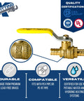 Crimp Half Inch Pex Ball Valve Set, 10 Pieces, Pex B Crimp Compatible, brass valve, yellow handle, quality certification icons, for potable water