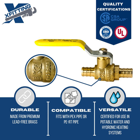 Crimp Half Inch Pex Ball Valve Set, 10 Pieces, Pex B Crimp Compatible, brass valve, yellow handle, quality certification icons, for potable water
