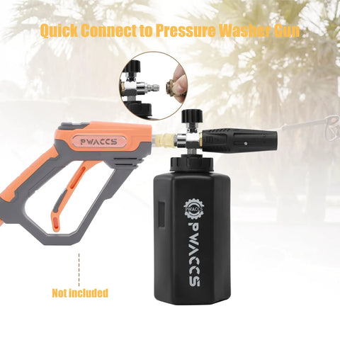 Adjustable Foam Cannon For Pressure Washer With Big Mouth Snow Foam Lance, attached to a quick connect pressure washer gun.