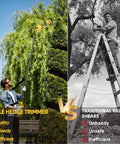 Knock Out Weeds And Overgrown Bushes With This Cordless Pole Hedge Trimmer And Grass Shears, Four In One Power Tool With 16ft Reach And 4.0Ah Battery For Tough Yard Jobs And Easy Storage Solutions, showing comparison of cordless pole trimmer and traditional hedge shears.