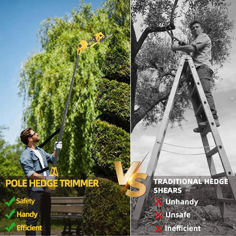 Knock Out Weeds And Overgrown Bushes With This Cordless Pole Hedge Trimmer And Grass Shears, Four In One Power Tool With 16ft Reach And 4.0Ah Battery For Tough Yard Jobs And Easy Storage Solutions, showing comparison of cordless pole trimmer and traditional hedge shears.