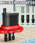 Heavy Duty Pool Cover Pump For Above Ground Pools, 850 GPH Submersible Water Pump with hose adapters on pool deck.
