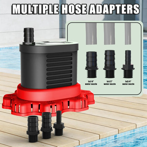 Heavy Duty Pool Cover Pump For Above Ground Pools, 850 GPH Submersible Water Pump with hose adapters on pool deck.