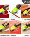 Creddux Cordless Electric Scissors, 4.2V Rechargeable Power Cutter cutting fabric, rope, leather, cardboard, paper, and carpet.