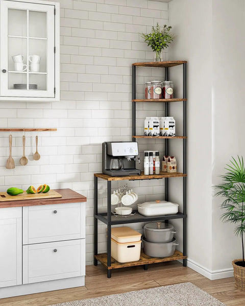 Heavy Duty Six Tier Industrial Corner Shelf With Swap Out Wood And Steel Mesh Boards Plus Work Surface Kicks Up Storage In Tight Quarters Perfect For Clean Setups In Apartments Or Home Offices Rustic Tone in a kitchen.