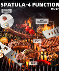 11 Piece Stainless Steel BBQ Tool Set With Storage Bag For Outdoor Grilling Camping And Backyard Use Dad Gifts For Fathers Day Includes Tongs Spatula Fork Knife Skewers Brush And Grill Cleaning Brush showing multi-function spatula in use with meat and vegetables on grill