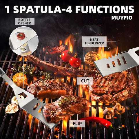 11 Piece Stainless Steel BBQ Tool Set With Storage Bag For Outdoor Grilling Camping And Backyard Use Dad Gifts For Fathers Day Includes Tongs Spatula Fork Knife Skewers Brush And Grill Cleaning Brush showing multi-function spatula in use with meat and vegetables on grill