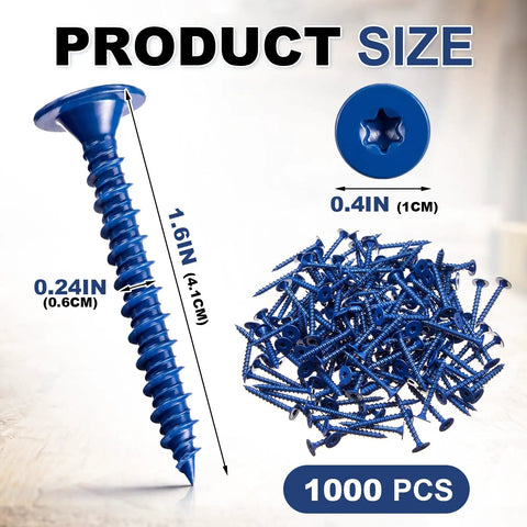 Heavy Duty Blue Ceramic Wood Screws For Backer Board And Cement Tile, A Hella Solid 1000 Pack Of 1-5/8 Inch Fasteners showcasing size and details.