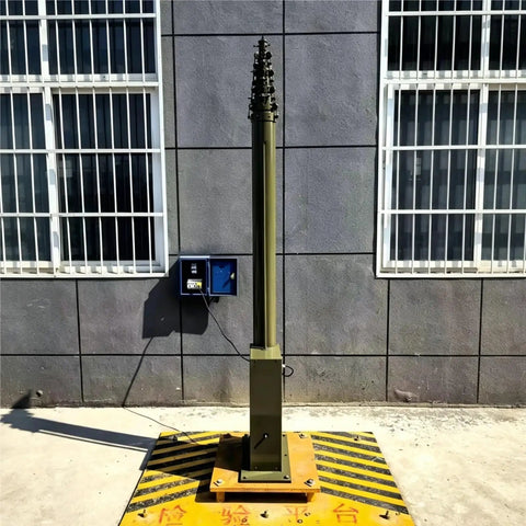 Rugged Aluminum Electric Telescopic Camera Mast With Solid Brake Gear And Smooth Push Button Lift Up To Five Meters mounted on a base.