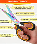 9.5 Inch Heavy Duty Titanium Coated Forged Stainless Steel Scissors For Fabric Leather Dressmaking Tailoring Home Office School Ultra Sharp All Purpose Shears That Slice Through 16 Plus Layer Fabrics Like Butter, rainbow titanium blades and ergonomic grip