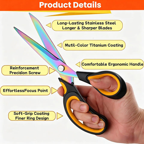 9.5 Inch Heavy Duty Titanium Coated Forged Stainless Steel Scissors For Fabric Leather Dressmaking Tailoring Home Office School Ultra Sharp All Purpose Shears That Slice Through 16 Plus Layer Fabrics Like Butter, rainbow titanium blades and ergonomic grip