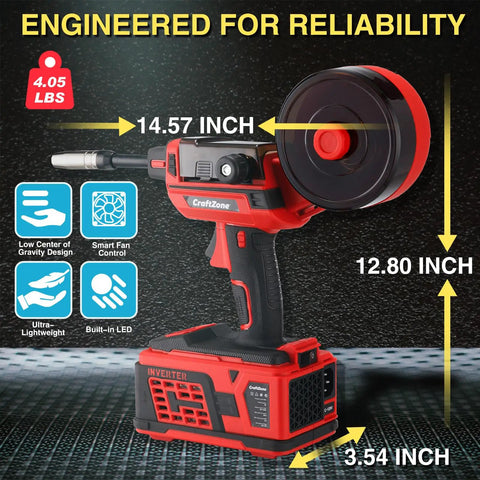 Red and black handheld MIG welder for DIY and auto repair, flux core, pro grade, gasless with overheat and voltage protection, portable 110V.