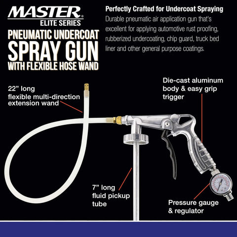 Heavy Duty Pneumatic Undercoating Spray Gun With Precision Regulator And 22 Inch Flexible Extension Wand showing die-cast aluminum body and trigger.