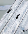 Close-up of the zippers on Clear Anti Static Crossbody Satchel For Laptops And Precision Tools, showcasing its transparent design.