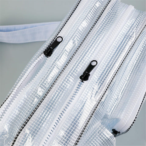 Close-up of the zippers on Clear Anti Static Crossbody Satchel For Laptops And Precision Tools, showcasing its transparent design.