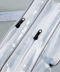 Close-up of Slick Cleanroom Crossbody Engineer Tool Bag zippers detailing clear material and durable construction for secure storage.