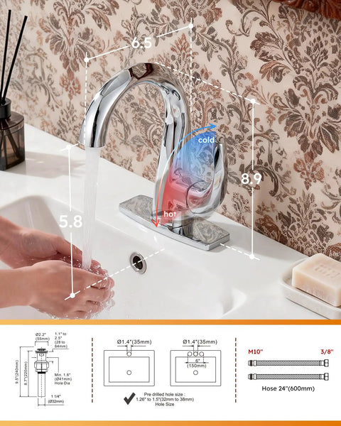 Single Handle Chrome Bathroom Faucet With Pop Up Drain 1 Hole High Arc Basin Sink Tap Solid Brass Commercial Vanity Faucet Sleek Dope Patented Design For Modern Bathrooms, showing water flow and size dimensions on a countertop.