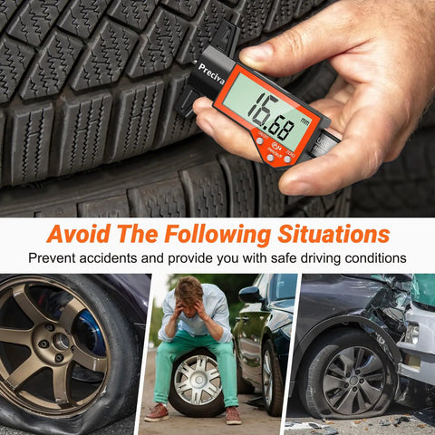 Digital Tire Tread Depth Gauge With Large LCD Display Inches Millimeters And Fraction Conversion in use on car tire