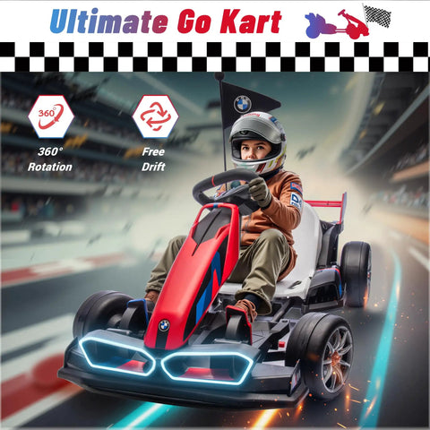 Child driving BMW Licensed Drift Electric Go Kart For Kids With Dual Motors And Adjustable Seat Led Lights Drift Mode