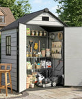 6 By 4.4 Ft Backyard Storage Shed With Floor Durable 16mm Resin Construction Weatherproof Lockable Tool Shelter With Window And Vents For Bikes Lawn Gear Garden Tools Gray, open with garden tools inside.