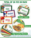 30 Pieces Greetings From Around The World Language Cutouts For Classroom Decor And Multicultural Learning Materials Kid Friendly Eye Catching Colorful Designs Perfect For Preschool To Elementary School And Homeschool featuring Hello in multiple languages, cutout cards with unique patterns, and waterproof material.