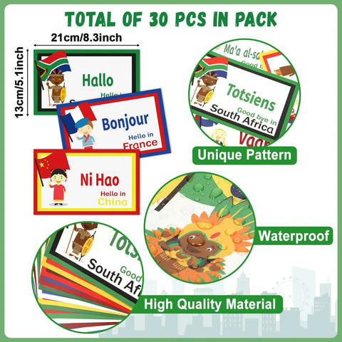 30 Pieces Greetings From Around The World Language Cutouts For Classroom Decor And Multicultural Learning Materials Kid Friendly Eye Catching Colorful Designs Perfect For Preschool To Elementary School And Homeschool featuring Hello in multiple languages, cutout cards with unique patterns, and waterproof material.