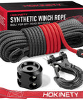 Beefed Up Synthetic Winch Rope Kit For ATVs And UTVs Off Road One Quarter Inch By Fifty Feet With Ten Thousand Pounds Breaking Strength Includes Forged Hook Protective Sleeve Rubber Stopper And Safety Pull Strap Gray displayed with components.
