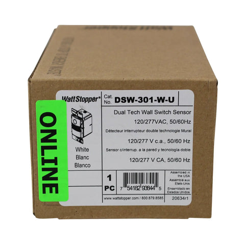 DSW-301-W-U Dual Tech Wall Switch Occupancy Sensor box for 120/277VAC, Auto On with Manual On option, beige packaging.