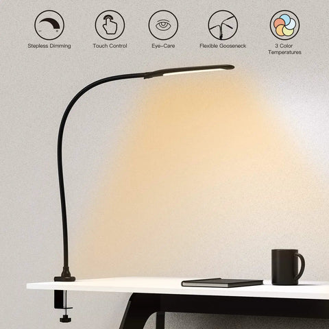 Boss Clamp Desk Lamp With Swing Arm And Gooseneck, Easy Touch Control, Stepless Dimming, Three Color Modes, 9W LED on desk