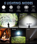 Rechargeable LED Flashlight Beast Mode 250000 Lumens With LCD Display 5 lighting modes illustrating high, medium, low, strobe, SOS use