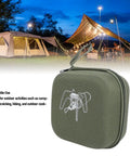 Durable EVA stove storage case for camping with tents in the background, water-resistant anti-collision carry box for stoves.