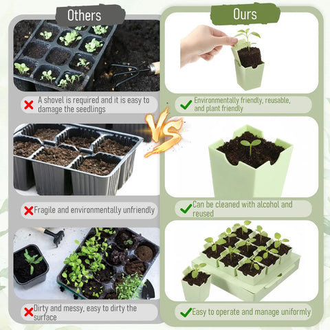 Comparison of seed trays showing benefits of 9-Cell Seed Starter Tray Kit With 2.56 Inch Deep Reusable Pots for Indoor Outdoor Gardening.