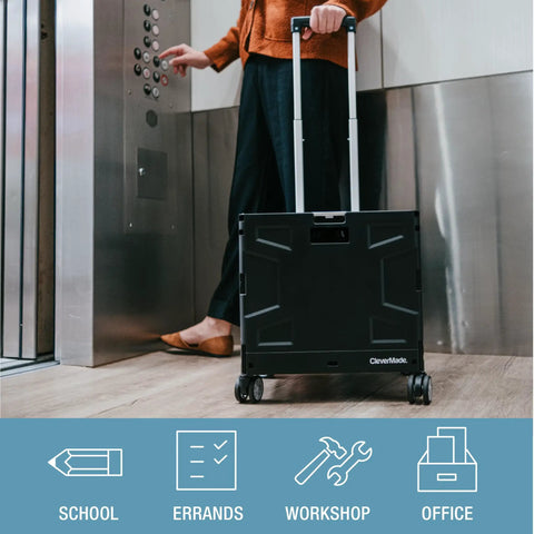 Collapsible Rolling Cart With Lid And Handle 35L 4 Wheel Utility Crate in elevator, ideal for errands and office use