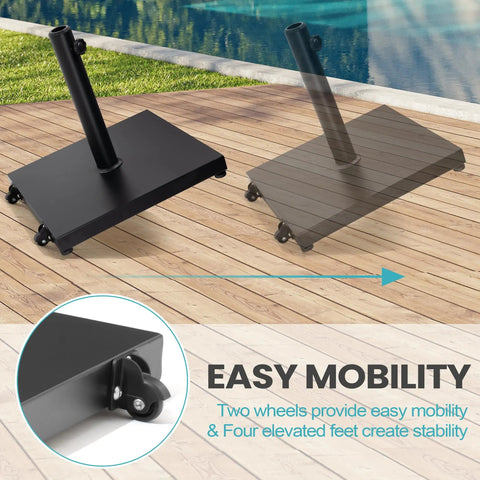 Heavy Duty 43Lb Concrete Patio Umbrella Base With Wheels Square Outdoor Stand For Market Umbrellas Black Finish Stable And Easy To Move Durable Steel Frame With Cement Core on wooden deck with mobility feature