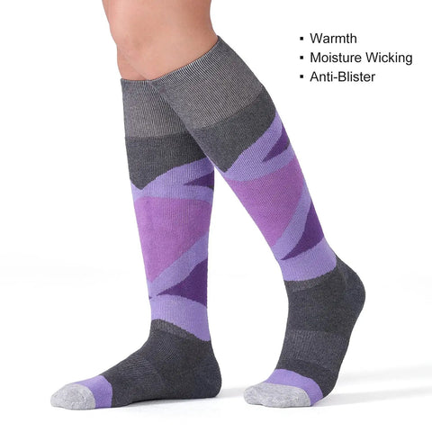 Merino Wool Womens Ski Socks 2 Pack Full Cushion Thermal All Day Cozy Winter Socks For Skiing And Snowboarding Reinforced Heel And Toe Rose And Purple Medium Size