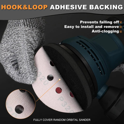 Close-up of 5 inch 8 hole hook and loop sanding disc focusing on hook and loop adhesive backing on random orbital sander.