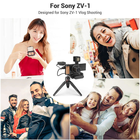 L-Shape Bracket Wooden Grip With Cold Shoe For Sony ZV1 Digital Camera shown with vlog setup and lifestyle scenes