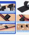 100 Pcs Self Adhesive Hook And Loop Cable Ties For Desk And Home Office Adjustable Cord Organizer shown securing cables on various surfaces.