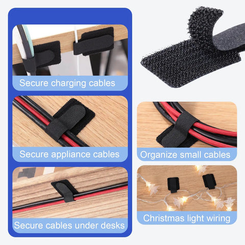 100 Pcs Self Adhesive Hook And Loop Cable Ties For Desk And Home Office Adjustable Cord Organizer shown securing cables on various surfaces.
