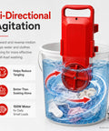 Hassle Free Portable Bucket Washer Fits 5 Gallon Cans shows red agitator in water with clothes for effective small-load washing.
