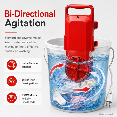 Hassle Free Portable Bucket Washer Fits 5 Gallon Cans shows red agitator in water with clothes for effective small-load washing.