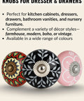 Get Ready For Major Furniture Glow Ups With Our 12 Pack Of Decorative Ceramic Drawer Pulls For Kitchen Cabinets And Bathroom Vanities Featuring Hand Painted Glazed Details That Are Super Tough And Bring Instant Boutique Vibes Just Swap Them On. Three decorative ceramic drawer pulls in multicolor designs for cabinets and vanities.