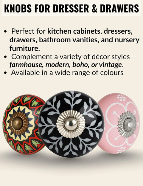 Get Ready For Major Furniture Glow Ups With Our 12 Pack Of Decorative Ceramic Drawer Pulls For Kitchen Cabinets And Bathroom Vanities Featuring Hand Painted Glazed Details That Are Super Tough And Bring Instant Boutique Vibes Just Swap Them On. Three decorative ceramic drawer pulls in multicolor designs for cabinets and vanities.