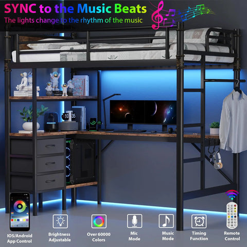 Solid Twin Loft Bed Setup With L Shaped Desk And Warm LED Lights, heavy duty metal frame, workspace with RGB lights.