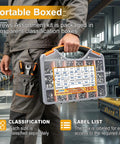 Man holding Hex Bolts And Nuts Kit 760-Piece Stainless Steel SAE Set in organized storage box, tools in pocket.
