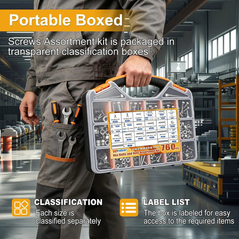 Man holding Hex Bolts And Nuts Kit 760-Piece Stainless Steel SAE Set in organized storage box, tools in pocket.