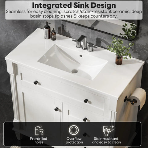 Space Saving 36 Inch Bathroom Vanity With Smooth Integrated Sink And Sturdy Adjustable Solid Wood Legs To Level Out Uneven Floors Without Sweat Plus Vintage Vibe Free Standing Cabinet With Roomy Drawers And Classic Towel Bar For Easy Morning Routines