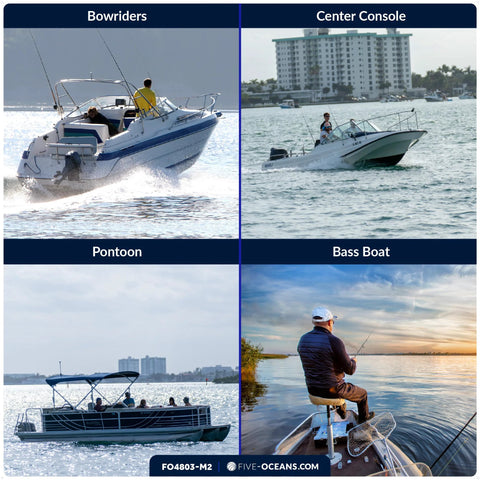 FO4803-M2 collage of four boats on the water: bowrider, center console, pontoon, bass boat.